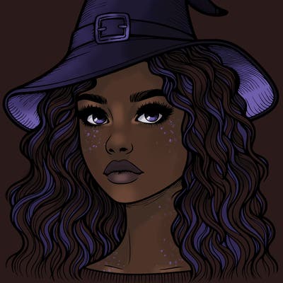 realistic girl with wavy hair a witch hat and a nose and lips and eyes