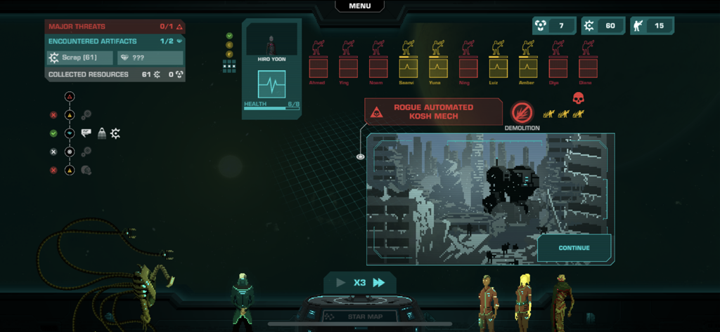 Crying Suns - Interfaz de juego táctico en Crying Suns mostrando un evento de misión con un meca automatizado rebelde