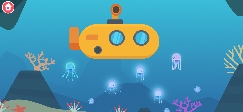 A yellow submarine navigating underwater among glowing jellyfish and coral.