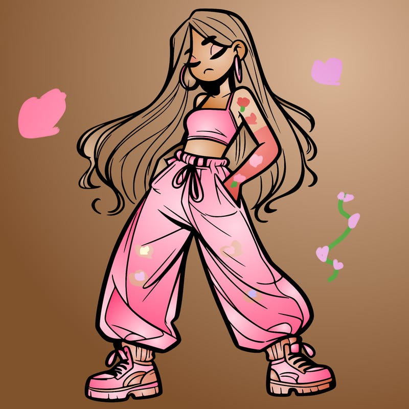 girl in baggy pants crop top and long hair