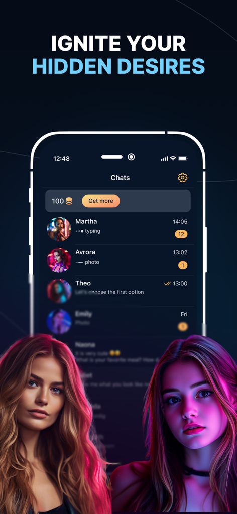 EchoMate app chat interface showing a list of virtual AI girlfriend characters with profile pictures and active messages