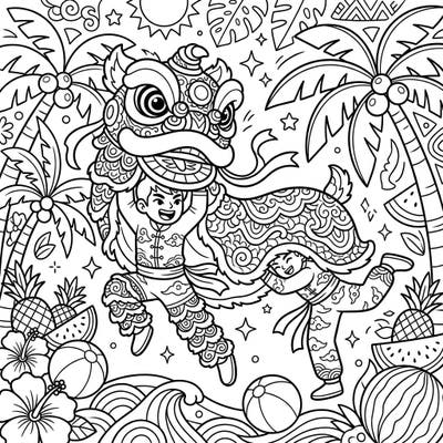 Experience the vibrant energy of a Lion Dance set amidst a cheerful summer paradise. This unique coloring page combines cultural celebration with tropical fun, ready for your creative touch.