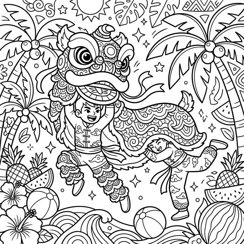 Experience the vibrant energy of a Lion Dance set amidst a cheerful summer paradise. This unique coloring page combines cultural celebration with tropical fun, ready for your creative touch.