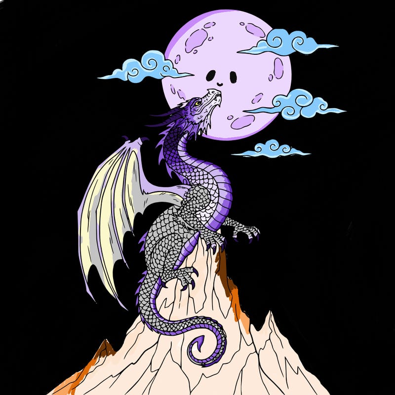 a gold dragon looking at the moon