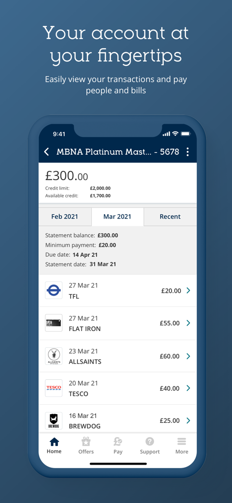 MBNA Mobile App screen displaying account balance and a list of recent transactions.