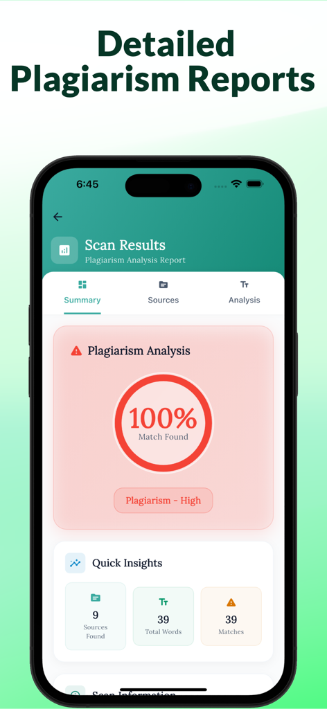 Plagia AI app screen showing a detailed plagiarism analysis report with a high match percentage.