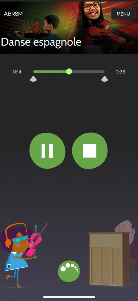 ABRSM Violin Practice Partner - Playback screen of the ABRSM Violin Practice Partner app featuring music controls and a violin and piano accompaniment illustration.