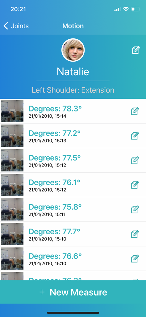 DrGoniometer - A list of shoulder extension range of motion measurements for a patient in the DrGoniometer app.