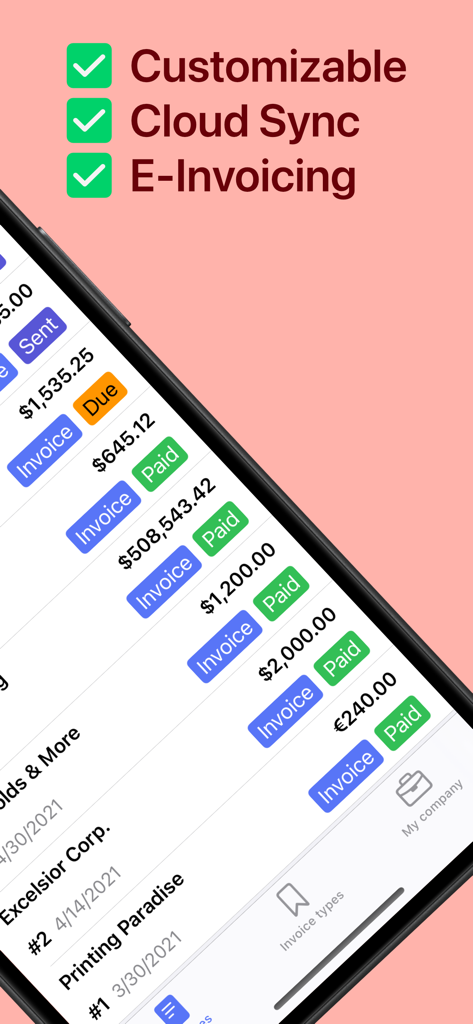 Invoice Maker: SubTotal - Pantalla de la aplicación móvil que muestra una lista de facturas con etiquetas de estado como pagadas y vencidas, junto con los puntos destacados de las funciones
