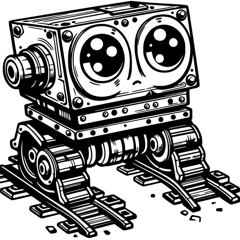 a scrap metal robot that has sort of rails as feet to move around, with big eyes, cute
