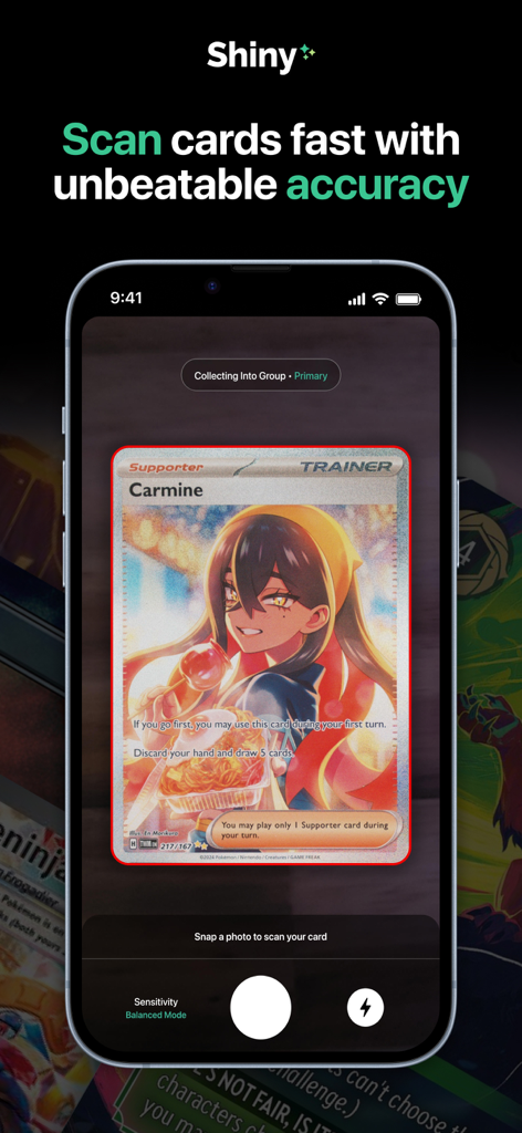 TCG Card Scanner - Shiny - Interface do aplicativo Shiny TCG Card Scanner digitalizando uma carta de Pokémon