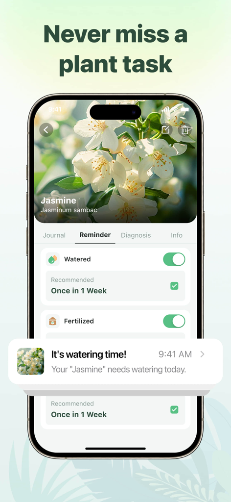 PlantGuide - ID & Diagnose - PlantGuideアプリの植物ケアリマインダー通知とスケジューリングインターフェース