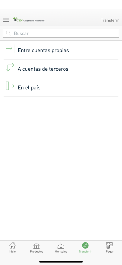 CSN Móvil - Pantalla de opciones de transferencia bancaria en la aplicación CSN Movil que muestra opciones de transferencia de dinero en español