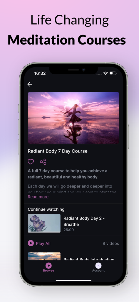 Huma Meditation app interface displaying the Radiant Body 7 day course