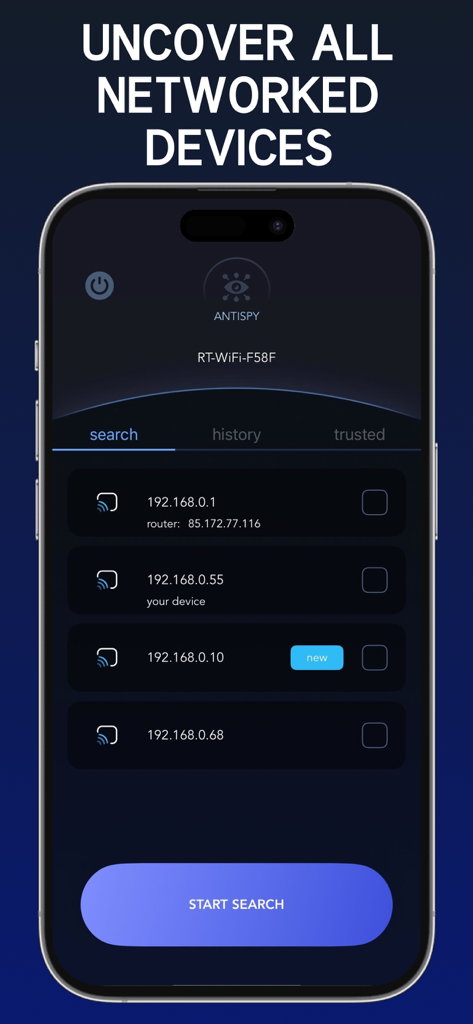 Hidden Camera Finder - AntiSpy - Pantalla de la aplicación AntiSpy que muestra una lista de dispositivos conectados a una red Wi-Fi local para detectar cámaras ocultas.