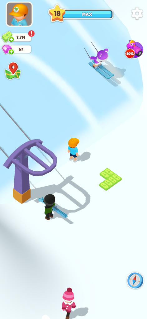 Gameplay di Il Mio Hotel da Sogno che mostra un resort di montagna innevato con uno skilift e personaggi.