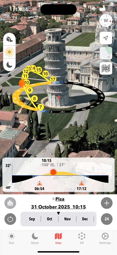 A 3D map visualization in Solar Watch showing the sun path and hourly positions over the Leaning Tower of Pisa