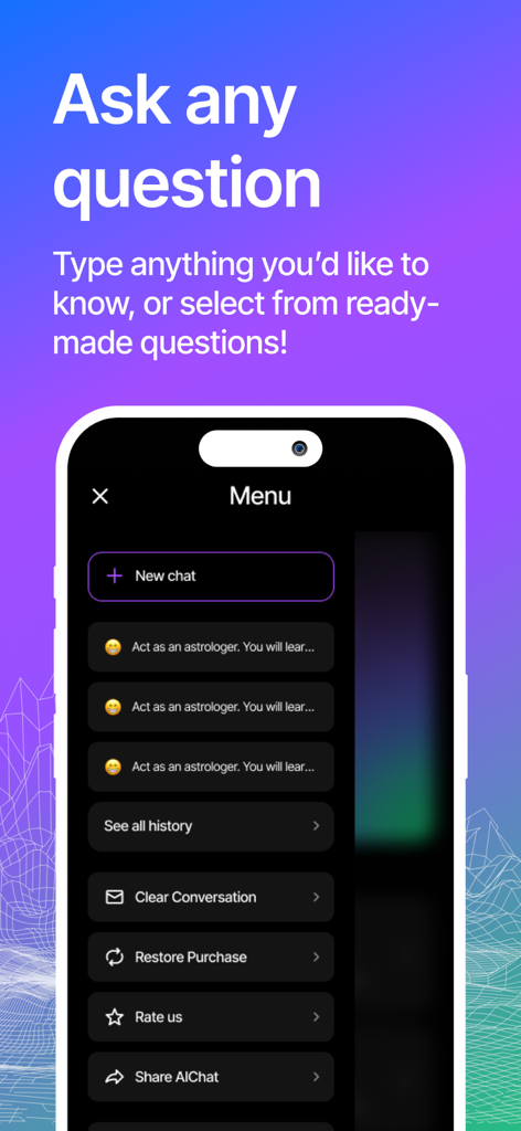 AI Chat : Virtual AI Assistant - AIチャット仮想アシスタントアプリのメニューインターフェース。チャットオプションと既製の質問が表示されています。