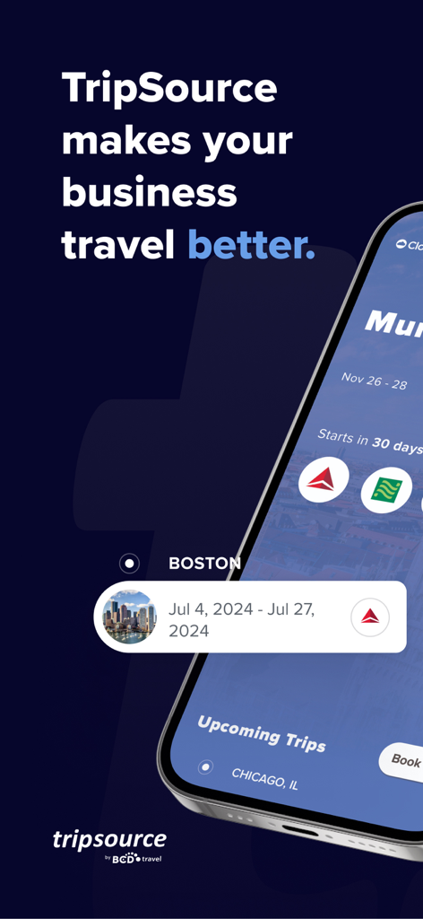 TripSource - TripSource mobile app showing corporate travel itinerary and upcoming trip details