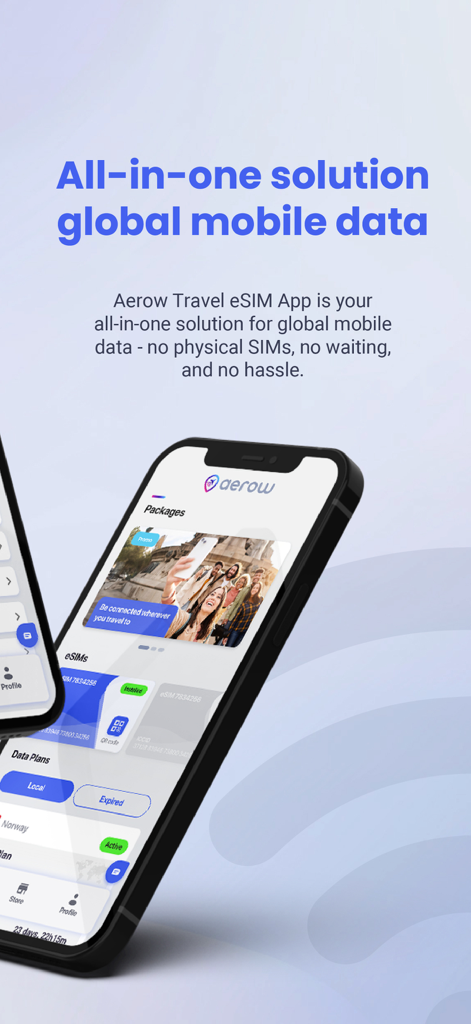 Aerow Travel eSIM - Interface do aplicativo Aerow Travel eSIM para pacotes de dados móveis globais