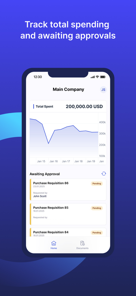 Precoro - Precoro mobile app dashboard showing a total spending chart and a list of pending purchase requisitions awaiting approval