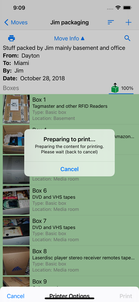 Moving Organizer Pro - Moving Organizer Pro app interface showing a list of packed boxes with photos and a preparing to print notification