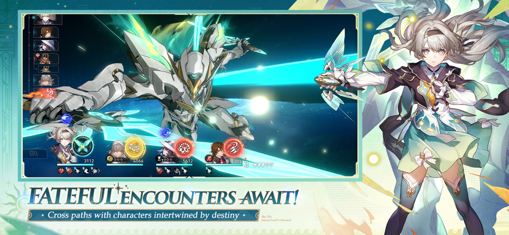 Honkai: Star Rail - 붕괴: 스타레일의 시네마틱 턴제 전투 장면, 캐릭터 파이어플라이와 메카가 등장