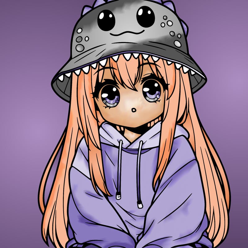 girl with anime shaped eyes with a dinosaur bucket hat oversized sweatshirt long straight hair