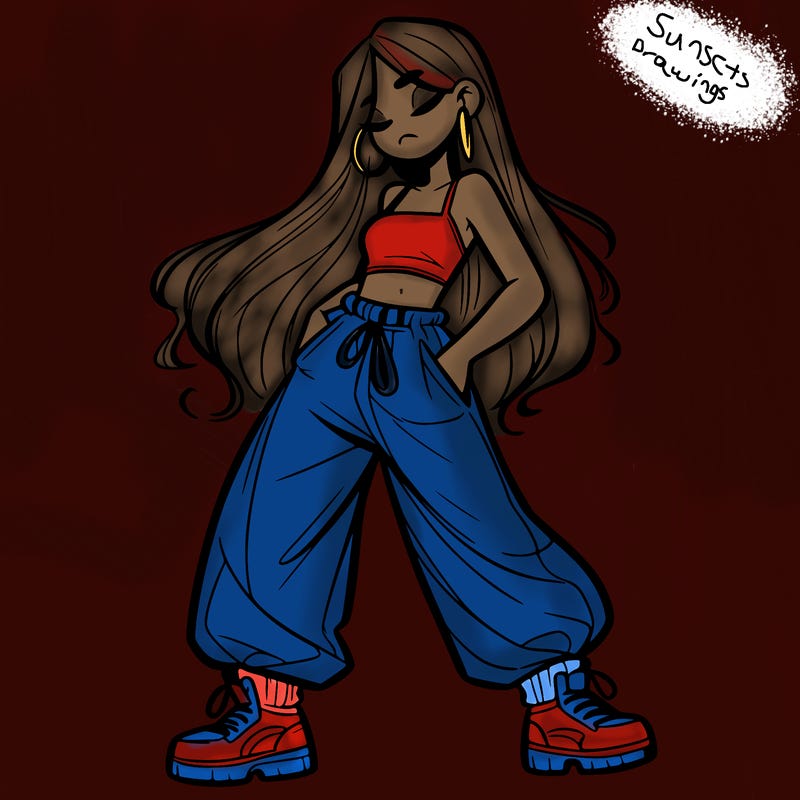 girl in baggy pants crop top and long hair