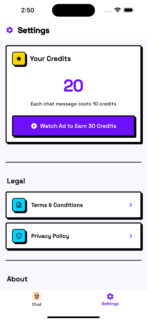 CineBot - Movie Recommender - Écran des paramètres de l'application CineBot montrant les crédits disponibles et les liens vers les politiques juridiques