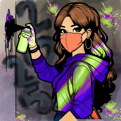 realistic girl with mask spray painting a wall