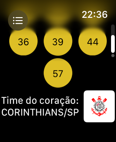 Mega Watch - Schermata di Apple Watch che mostra i numeri della lotteria e il logo della squadra di calcio del Corinthians