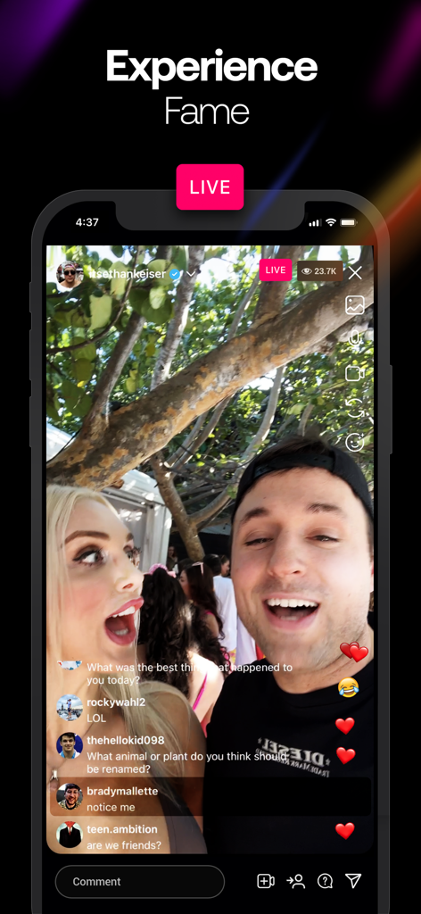Uma interface de transmissão ao vivo simulada no Parallel Live mostrando um feed de vídeo com espectadores e comentários virtuais