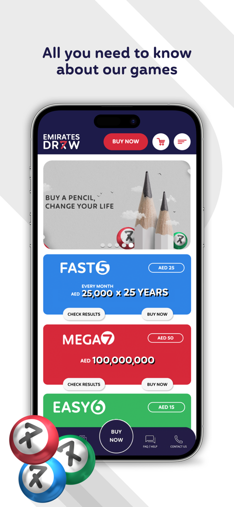 Emirates Draw - Emirates Draw mobile app screen showing lottery game options and prize amounts.
