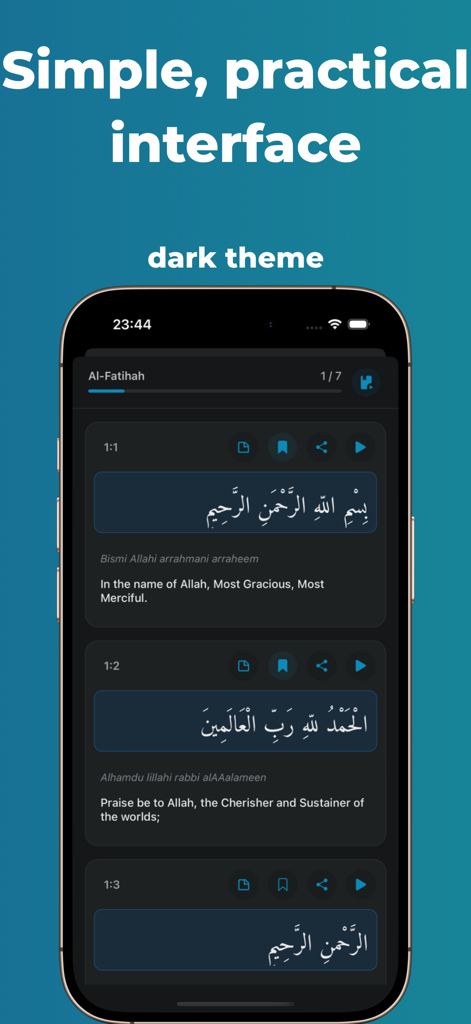 A mobile phone screen showing the Holy Quran app interface in dark mode with Arabic script and English translation