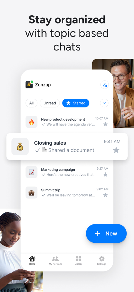 Zenzap: Professional Work Chat - A smartphone screen showing the Zenzap app interface with a list of professional chats organized by topics like product development and sales.