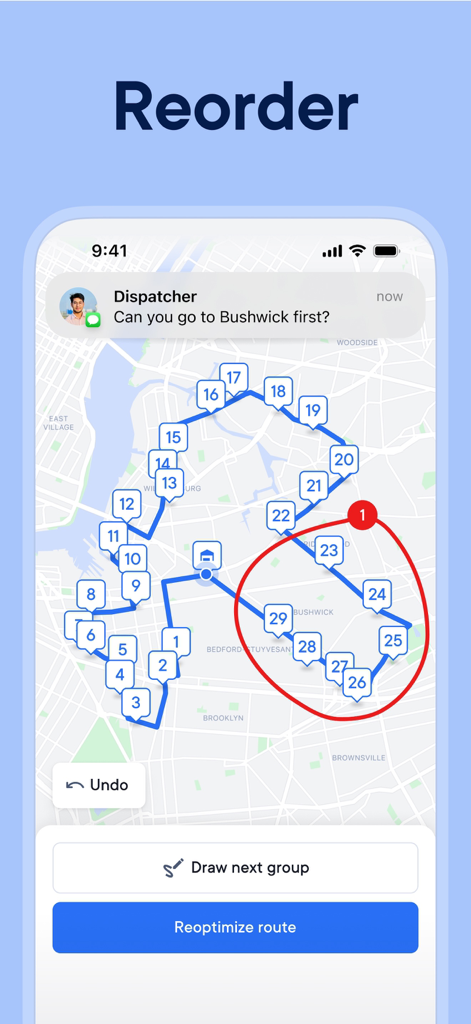 Spoke (Circuit) Dispatch - Spoke Dispatch app interface showing a map with numbered delivery stops and a route reordering feature.