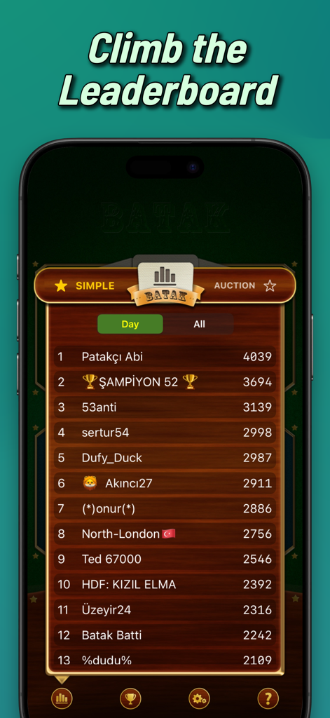 Batak Online trick taking game - Placar global para o jogo de cartas Batak Online mostrando classificações e pontuações dos jogadores.