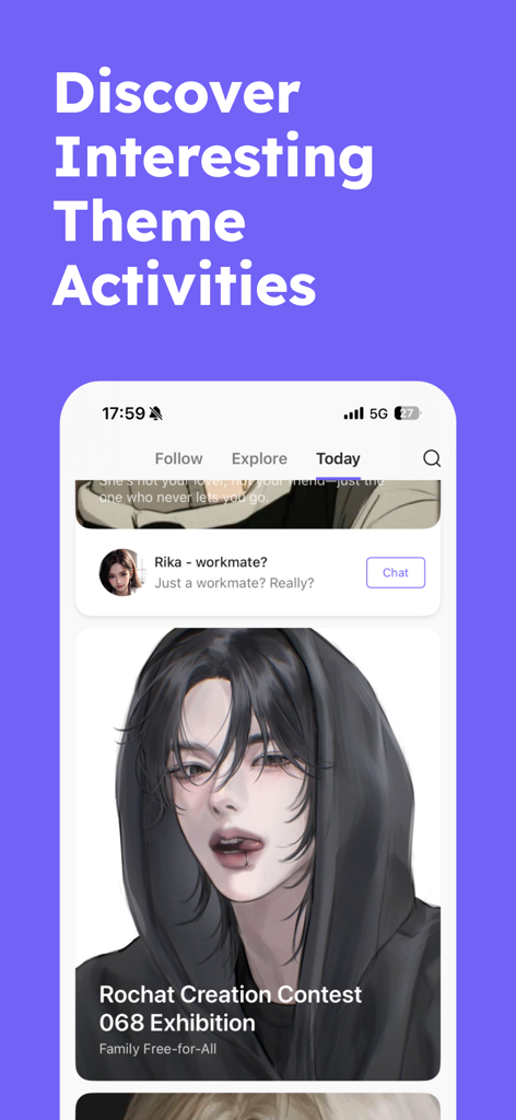 Discovery screen of the Rochat app showcasing AI character profiles and theme activities