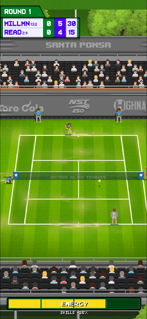 Retro Slam Tennis - Partida de tenis pixelada en una cancha de césped en Retro Slam Tennis