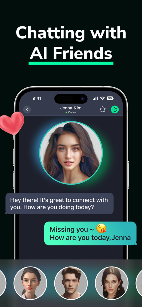 Captura de pantalla de la aplicación DeepSearch mostrando la función Chatear con Amigos IA con una interfaz de chat para un personaje de IA llamado Jenna Kim