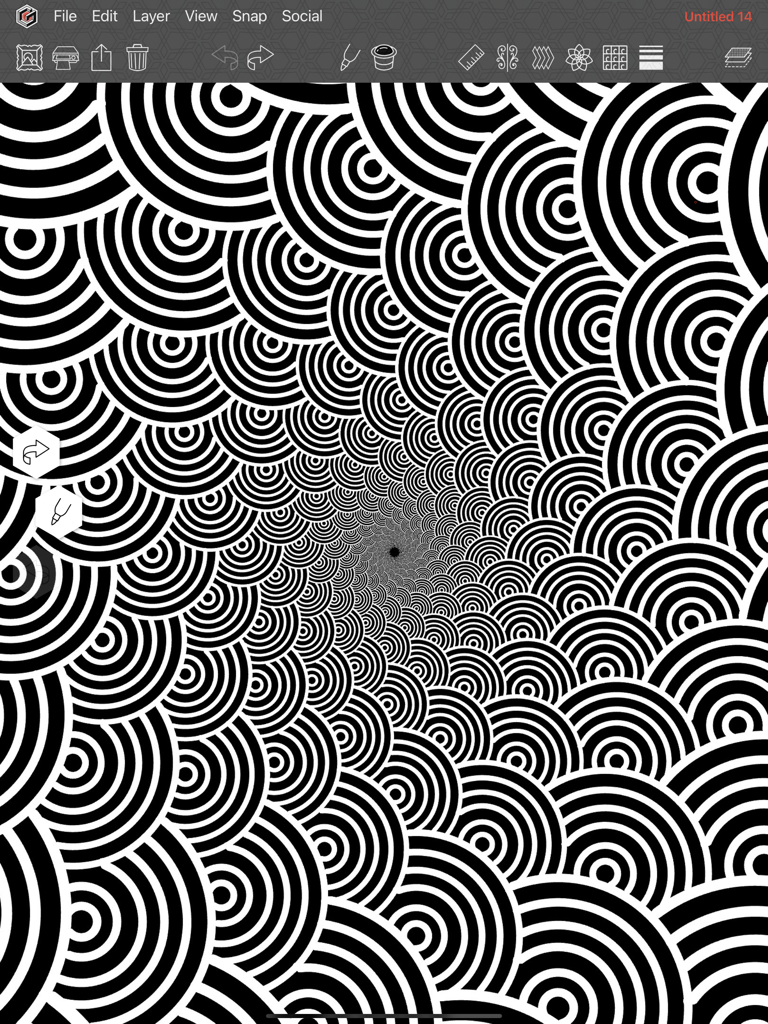 Geometrica - Complejo patrón espiral en blanco y negro creado en la aplicación de dibujo Geometrica