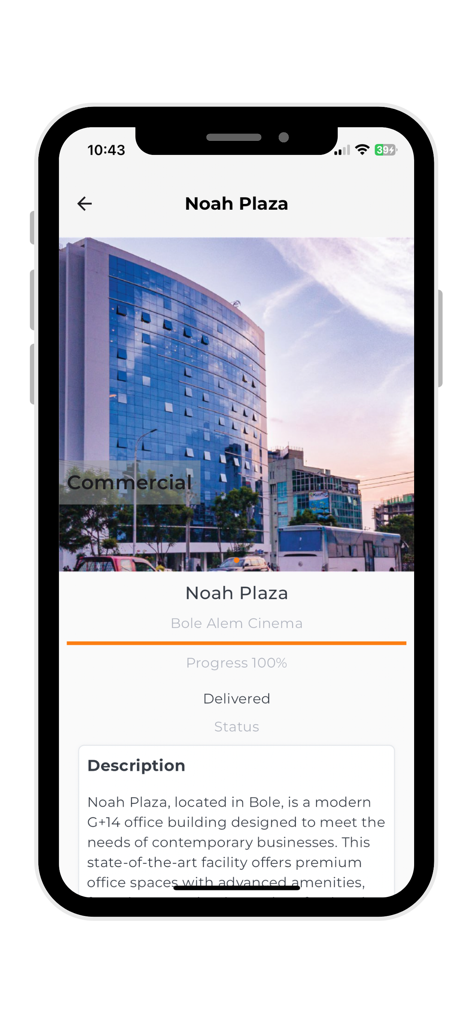 Noah Real Estate PLC - Noah Real Estate app screen displaying details for Noah Plaza commercial building in Addis Ababa.
