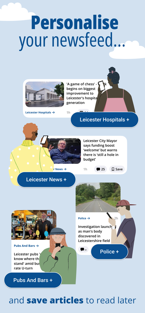 パーソナライズされたニュースカテゴリと後で保存機能を示すレスターシャー・ライブアプリのインターフェース