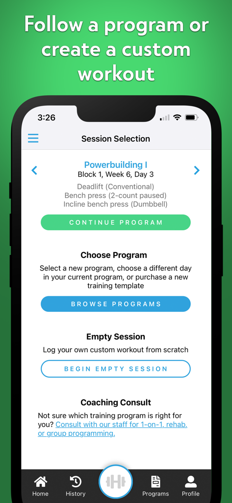 Barbell Medicine - A screenshot of the Barbell Medicine app session selection screen showing options to continue a program or start a custom workout.
