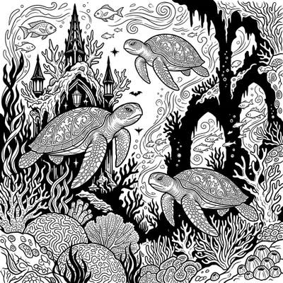Embark on a unique coloring adventure into a gothic underwater realm. This intricate page features majestic sea turtles gracefully navigating a mysterious habitat filled with ornate marine structures.