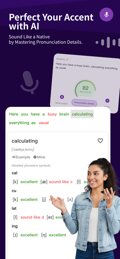 VoiceTube app interface showing AI speaking analysis with pronunciation score and detailed phonetics for English learners