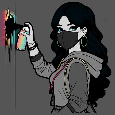 realistic girl with mask spray painting a wall