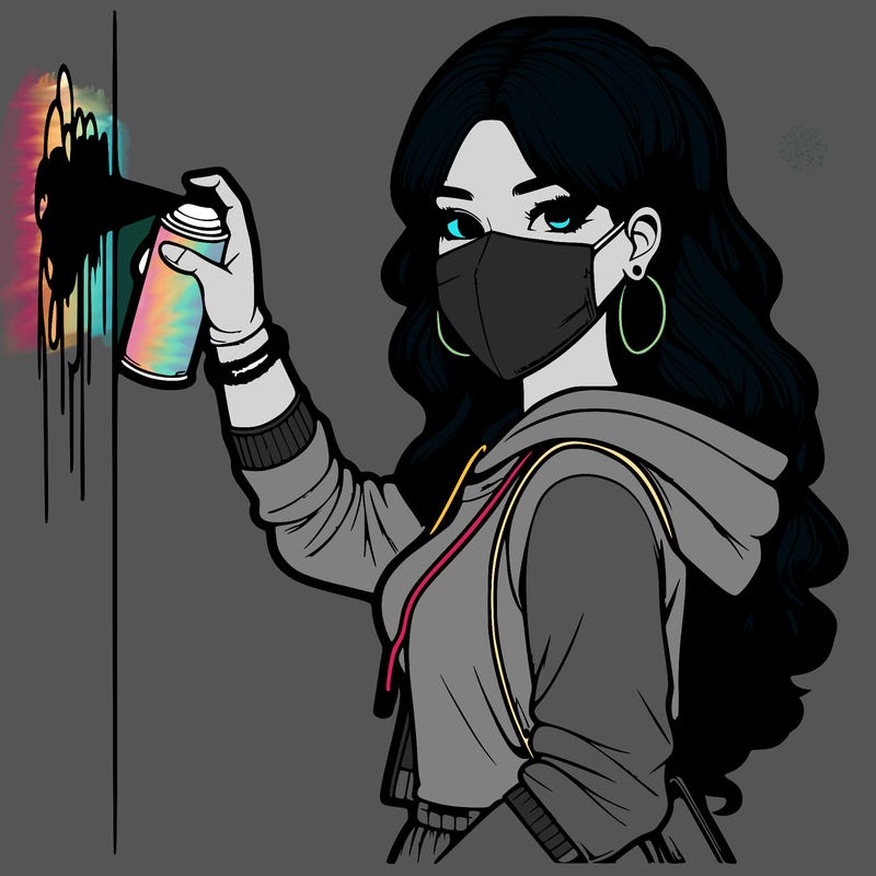realistic girl with mask spray painting a wall