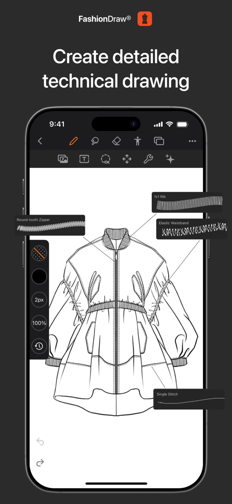 Smartphone screen showing a detailed technical garment sketch in the FashionDraw app with zipper and stitch annotations